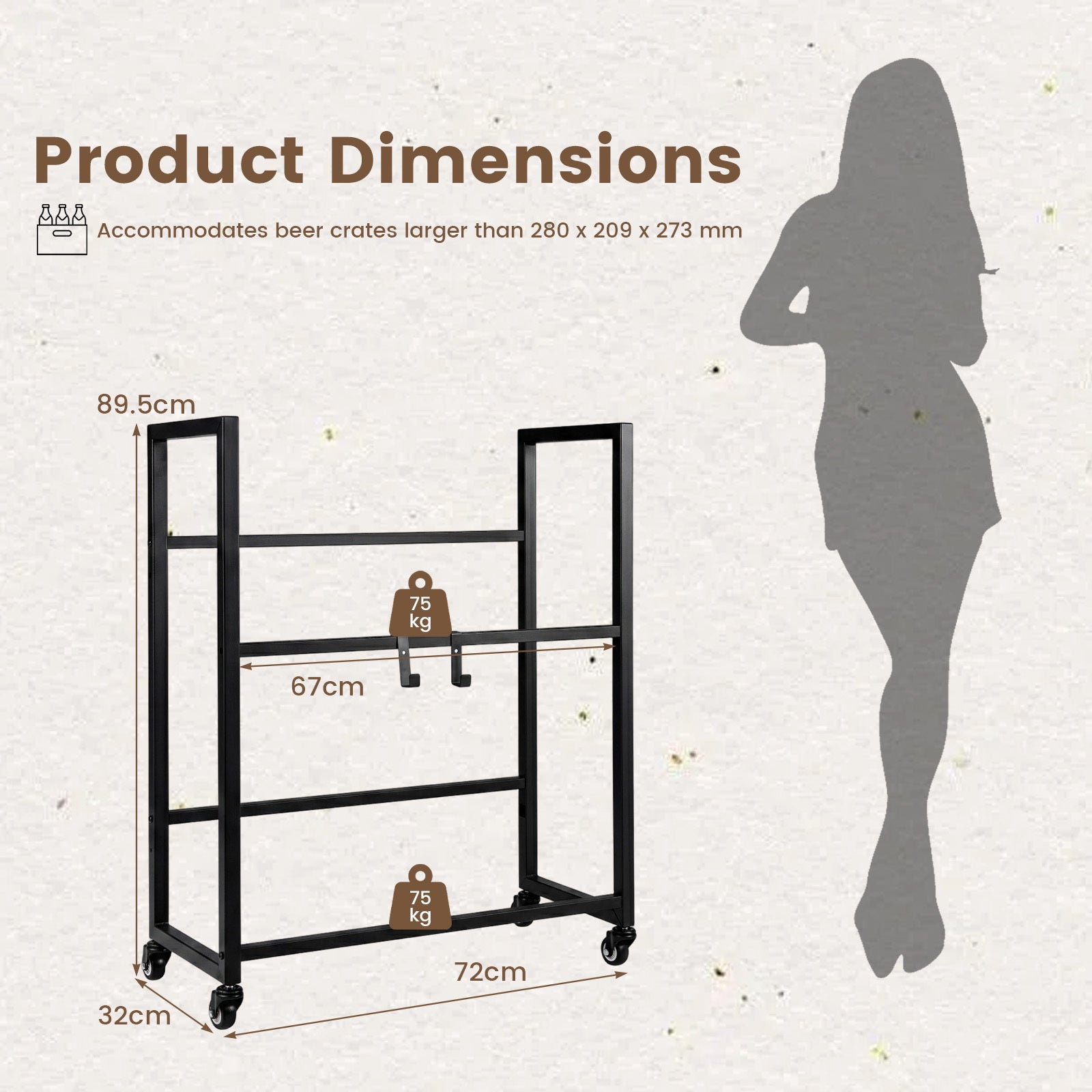2-Tier Drink Crate Rack Rolling Bottle Crate Shelf with Wheels-Black