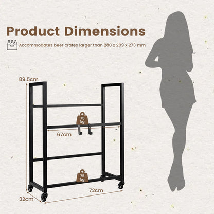 2-Tier Drink Crate Rack Rolling Bottle Crate Shelf with Wheels-Black