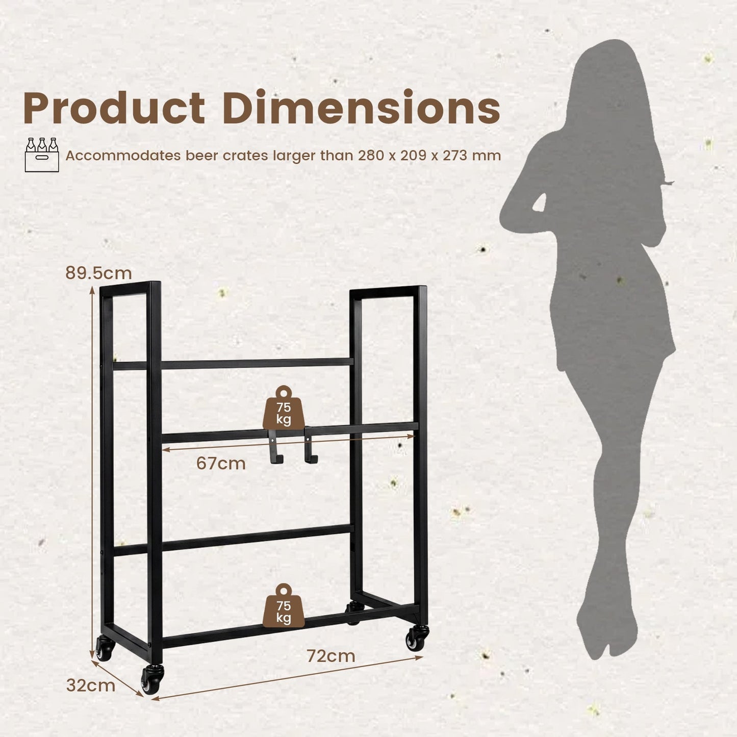 2-Tier Drink Crate Rack Rolling Bottle Crate Shelf with Wheels-Black