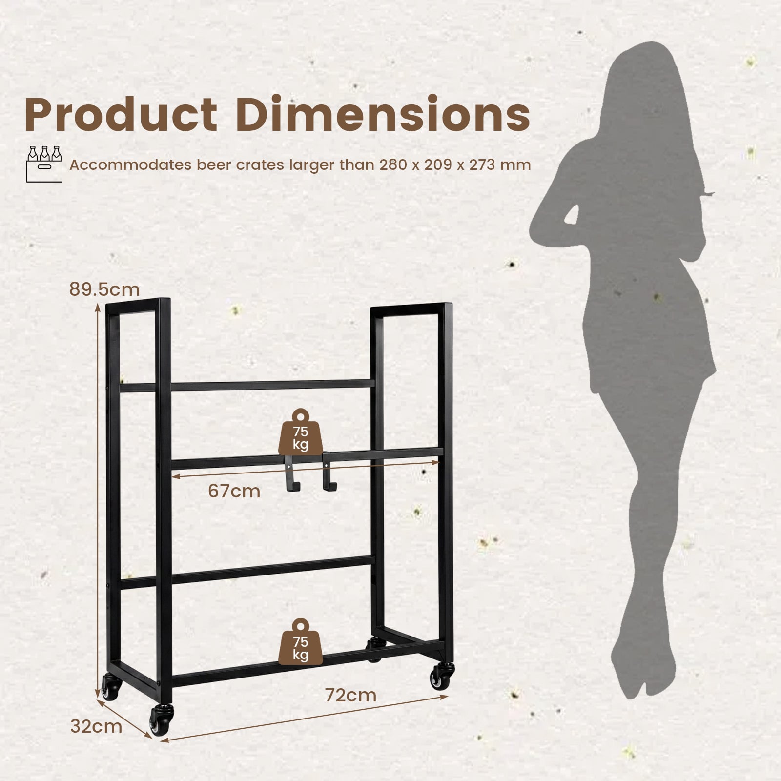 2-Tier Drink Crate Rack Rolling Bottle Crate Shelf with Wheels-Black