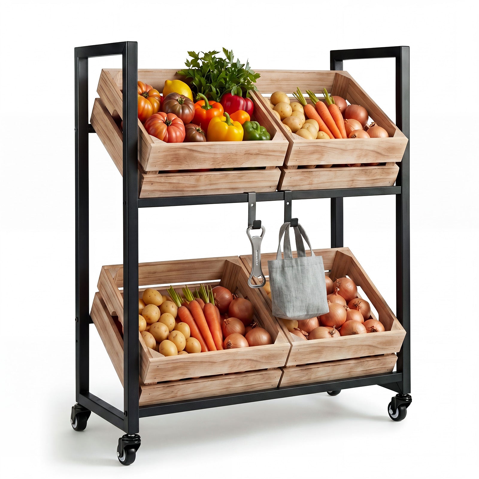 2-Tier Drink Crate Rack Rolling Bottle Crate Shelf with Wheels-Black