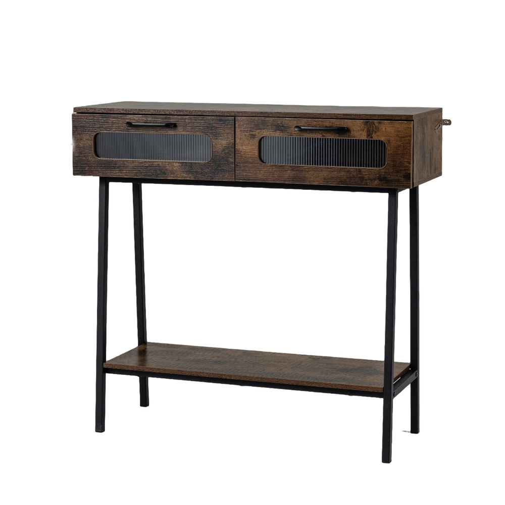 2-Tier Farmhouse Console Table with Colorful LED Lights and Open Shelf-Coffee