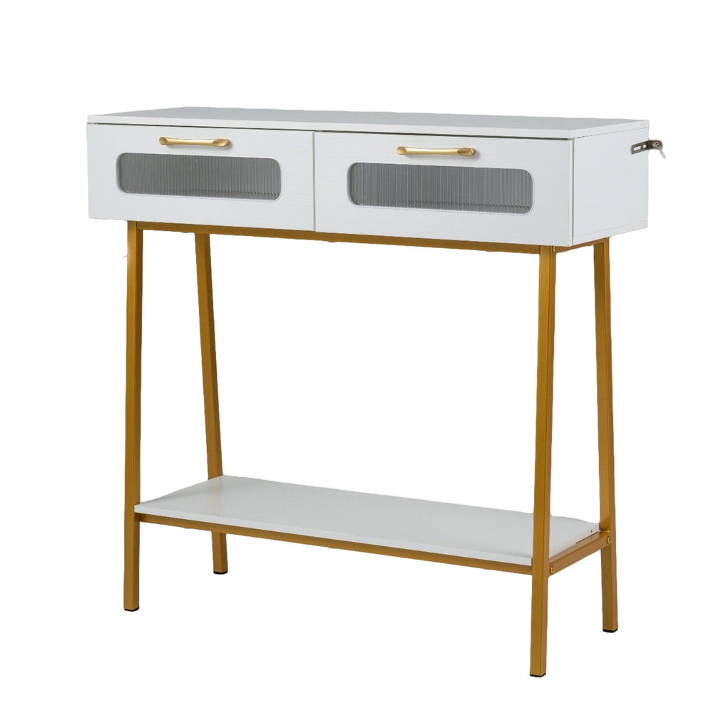 2-Tier Farmhouse Console Table with Colorful LED Lights and Open Shelf-White