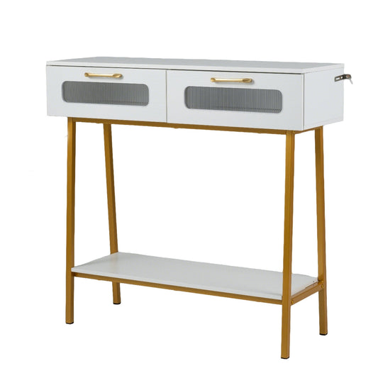 2-Tier Farmhouse Console Table with Colorful LED Lights and Open Shelf-White