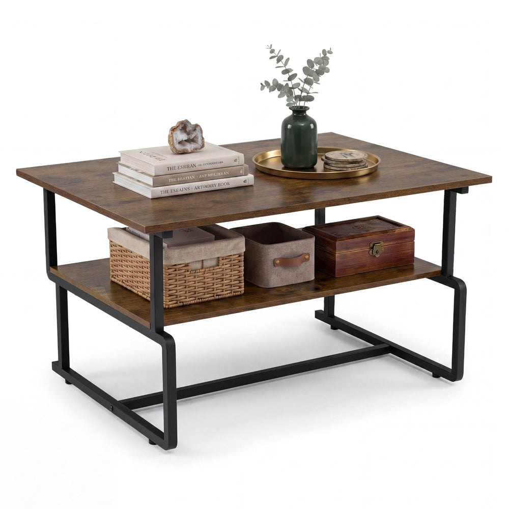 2-Tier Industrial Coffee Table with Heavy-Duty Metal Frame for Small Spaces-Rustic Brown