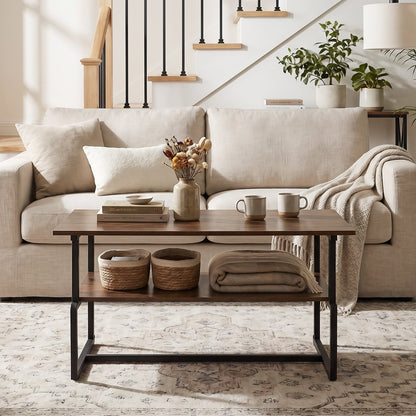 2-Tier Industrial Coffee Table with Heavy-Duty Metal Frame for Small Spaces-Rustic Brown