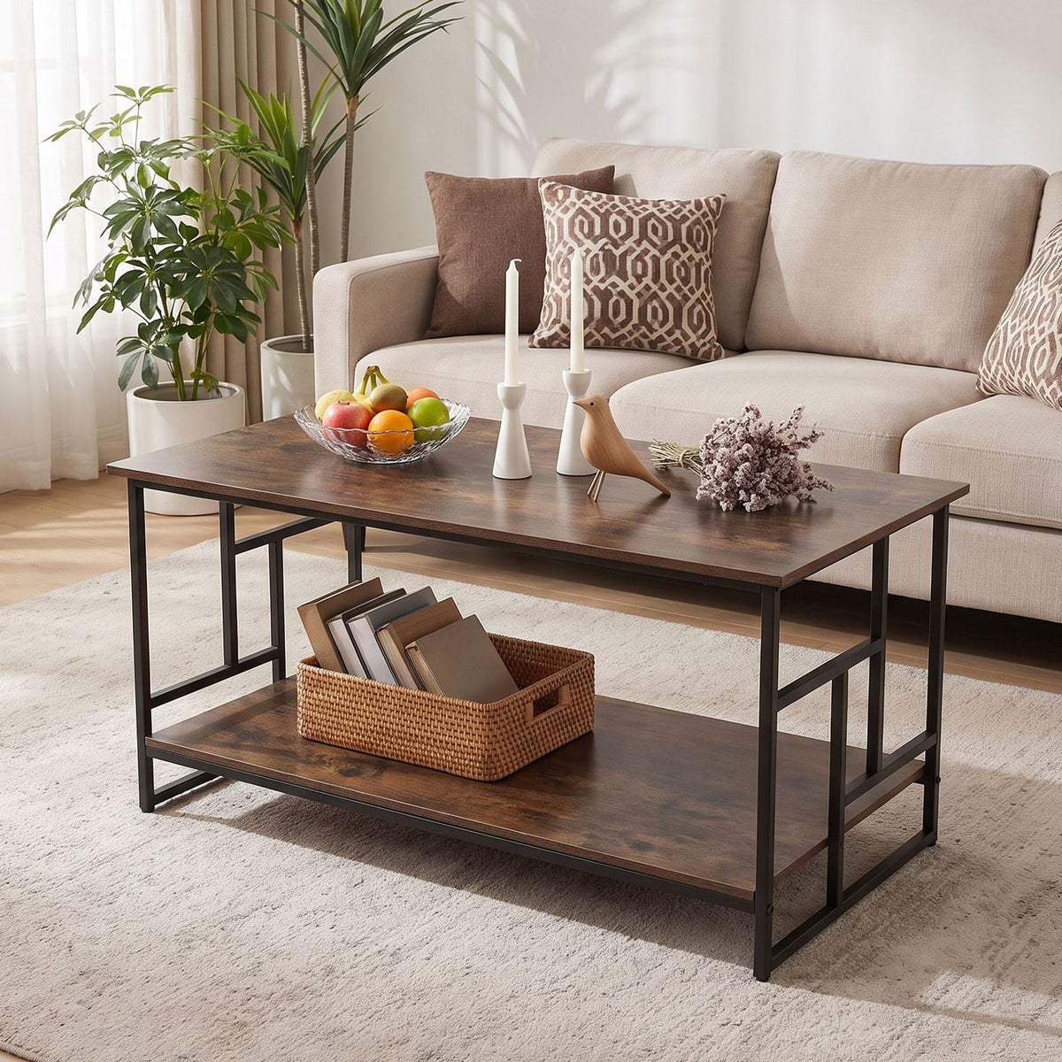 2-Tier Industrial Coffee Table with Storage Shelf and Metal Frame for Living Room-Rustic Brown