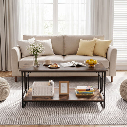 2-Tier Industrial Coffee Table with Storage Shelf and Metal Frame for Living Room-Rustic Brown