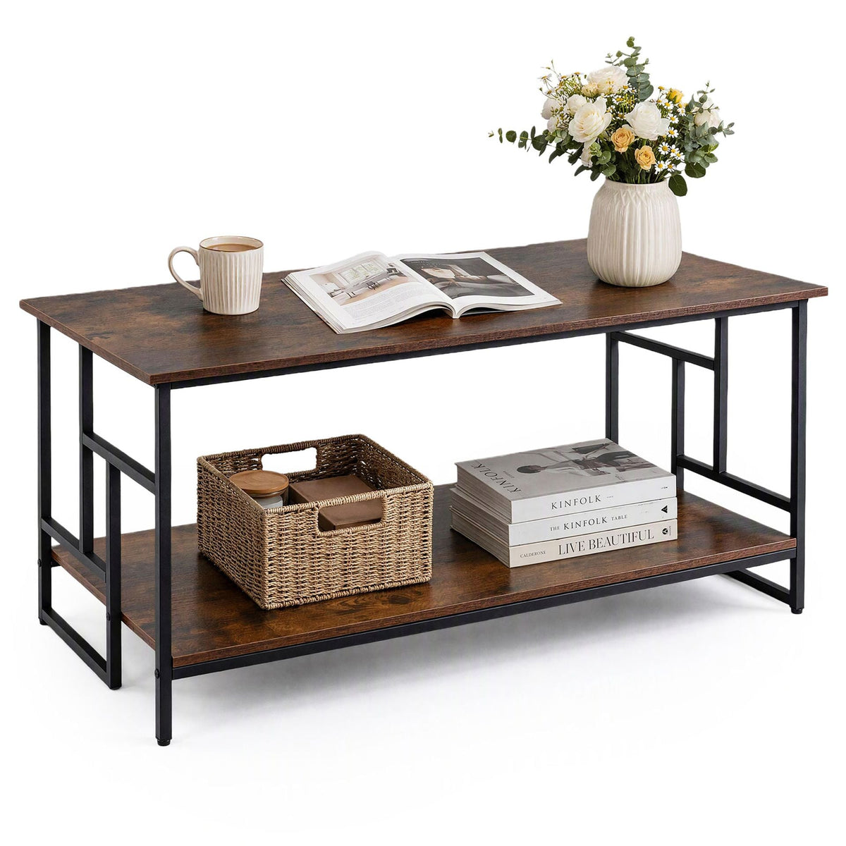 2-Tier Industrial Coffee Table with Storage Shelf and Metal Frame for Living Room-Rustic Brown