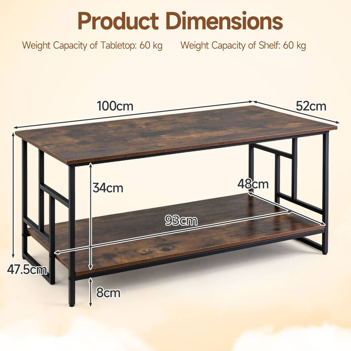 2-Tier Industrial Coffee Table with Storage Shelf and Metal Frame for Living Room-Rustic Brown