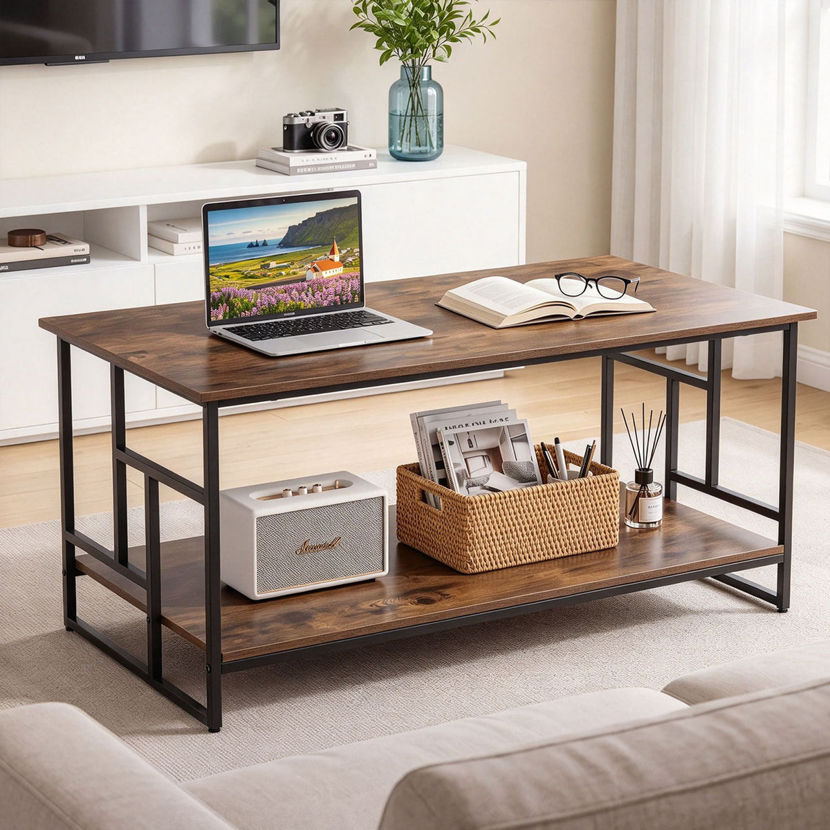 2-Tier Industrial Coffee Table with Storage Shelf and Metal Frame for Living Room-Rustic Brown