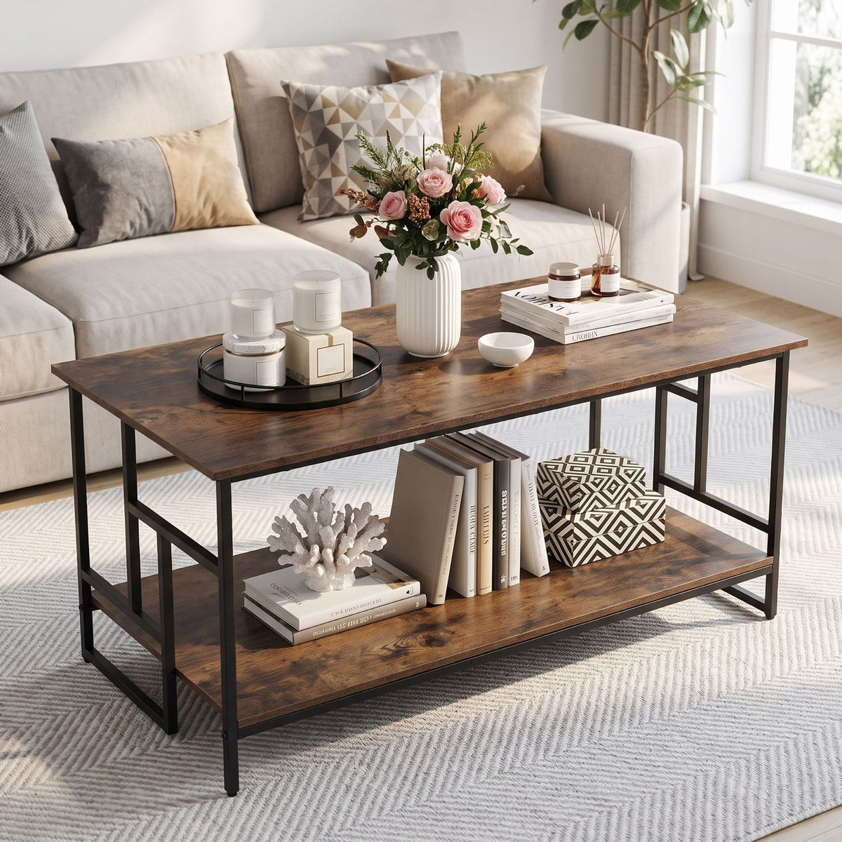 2-Tier Industrial Coffee Table with Storage Shelf and Metal Frame for Living Room-Rustic Brown