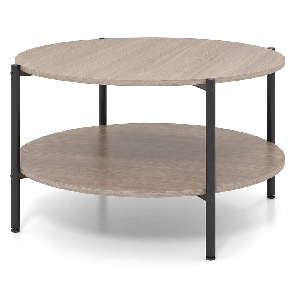 2-Tier Industrial Round Coffee Table with Open Storage Shelf-Grey