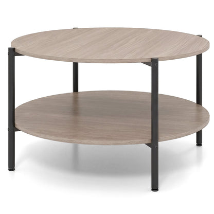 2-Tier Industrial Round Coffee Table with Open Storage Shelf-Grey