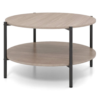 2-Tier Industrial Round Coffee Table with Open Storage Shelf-Grey