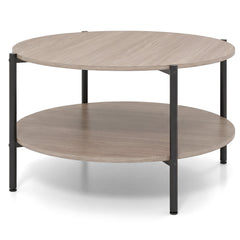 2-Tier Industrial Round Coffee Table with Open Storage Shelf-Grey