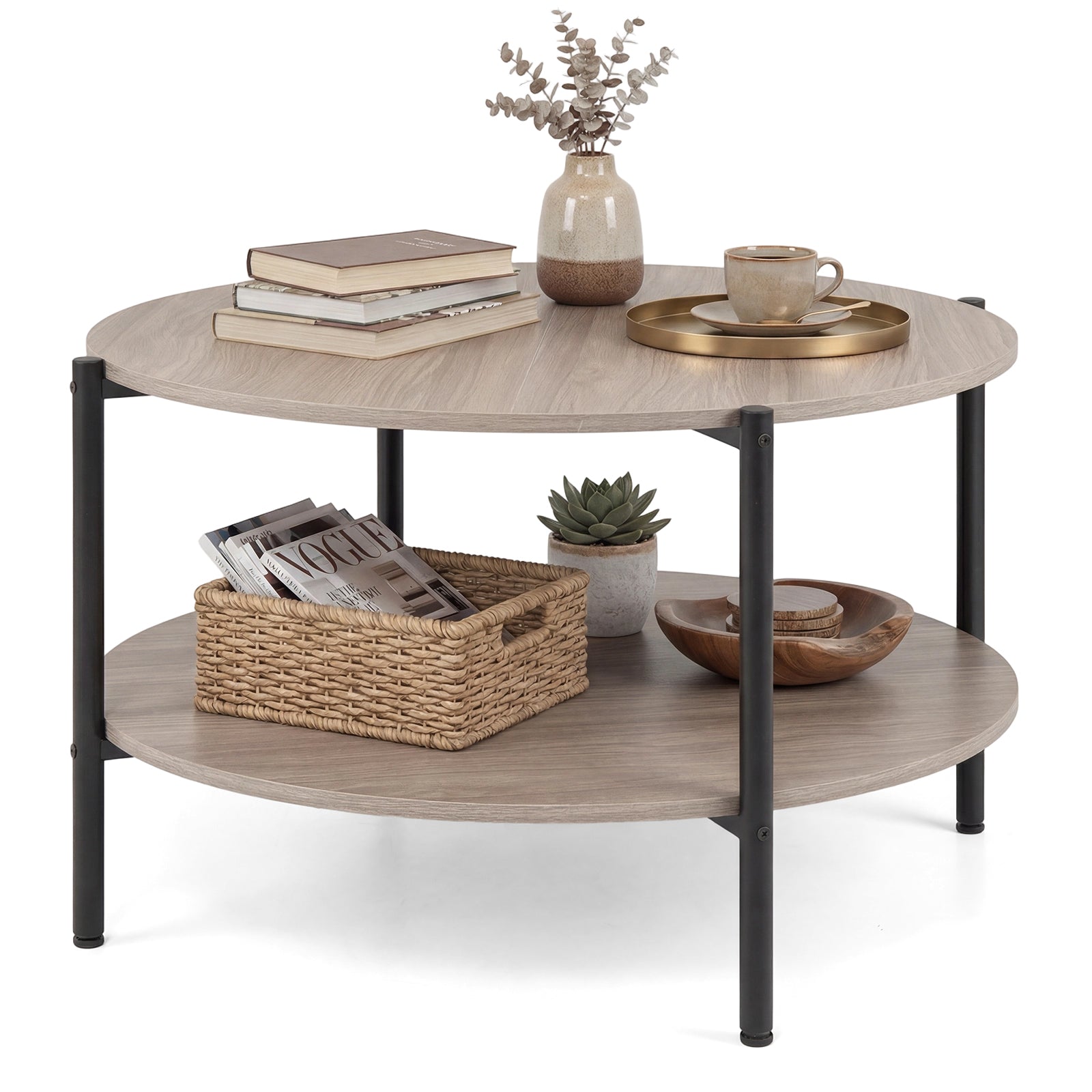 2-Tier Industrial Round Coffee Table with Open Storage Shelf-Grey