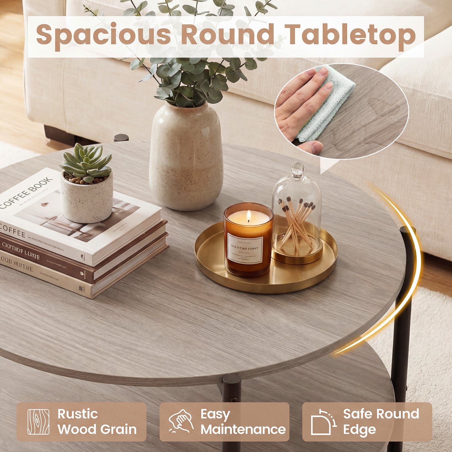2-Tier Industrial Round Coffee Table with Open Storage Shelf-Grey