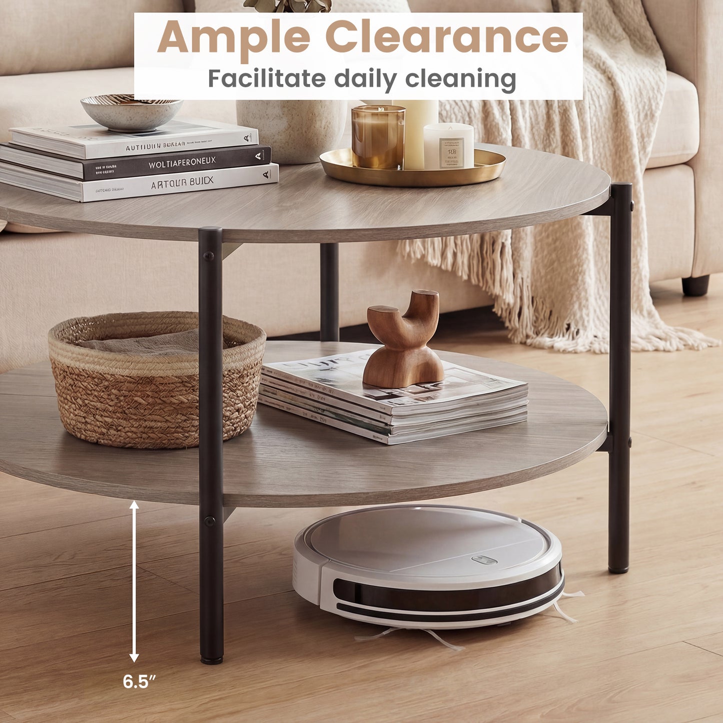 2-Tier Industrial Round Coffee Table with Open Storage Shelf-Grey