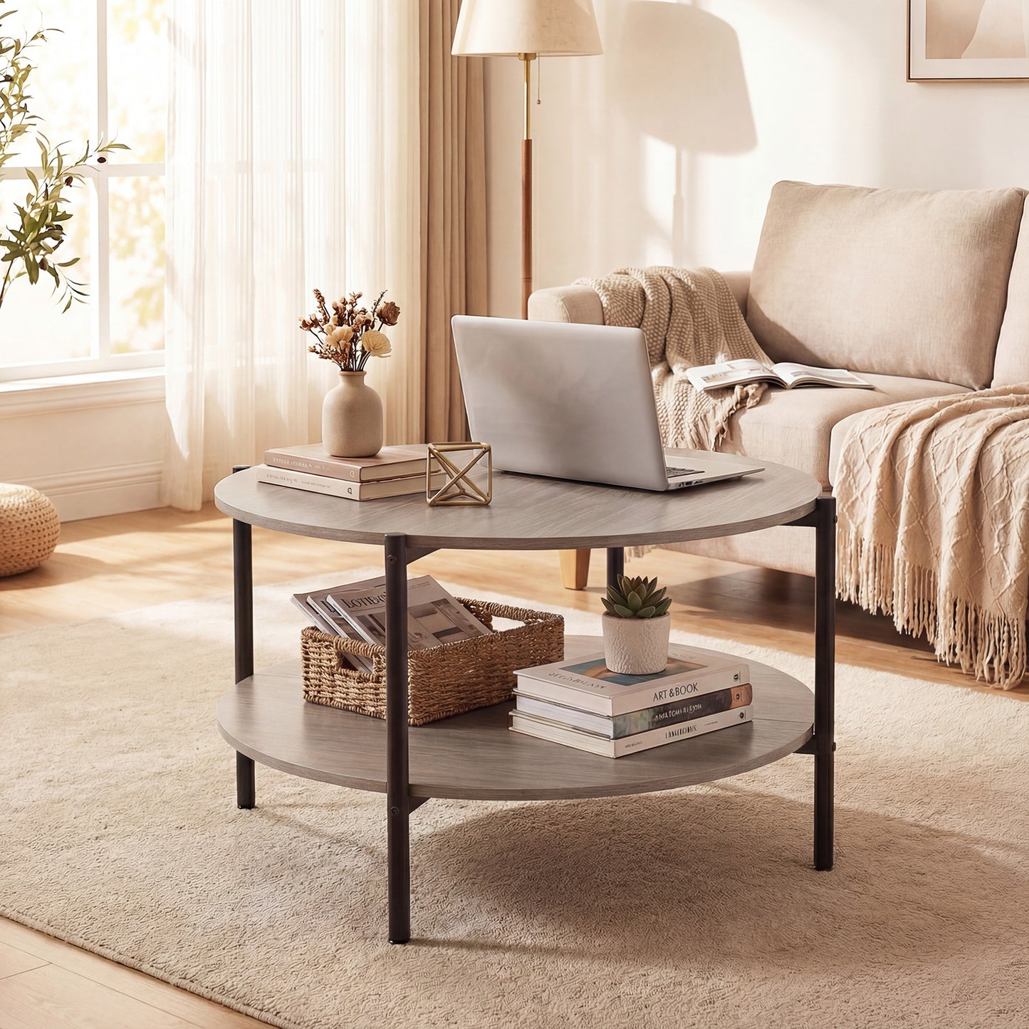 2-Tier Industrial Round Coffee Table with Open Storage Shelf-Grey