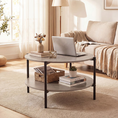 2-Tier Industrial Round Coffee Table with Open Storage Shelf-Grey