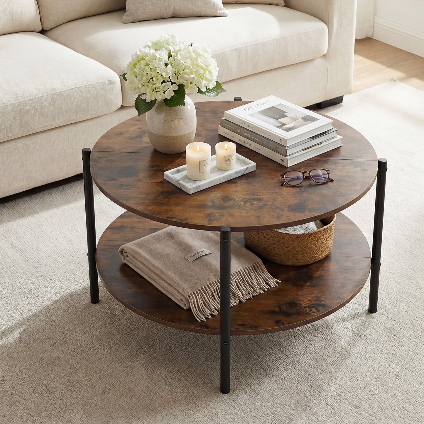 2-Tier Industrial Round Coffee Table with Open Storage Shelf-Rusitc Brown