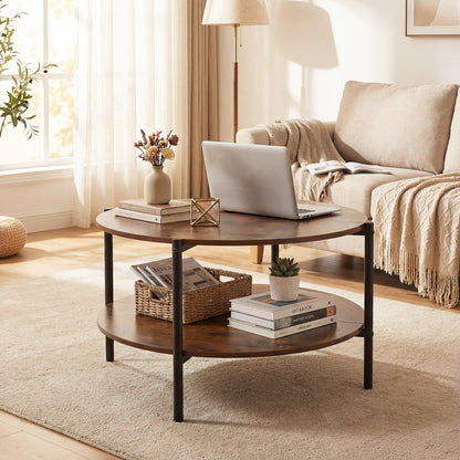 2-Tier Industrial Round Coffee Table with Open Storage Shelf-Rusitc Brown