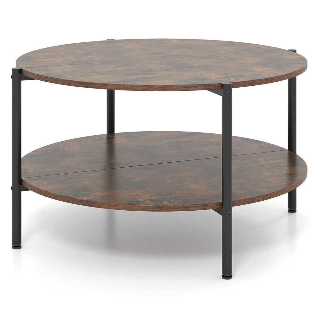 2-Tier Industrial Round Coffee Table with Open Storage Shelf-Rusitc Brown