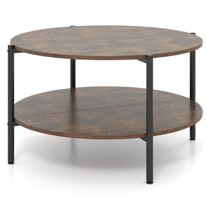 2-Tier Industrial Round Coffee Table with Open Storage Shelf-Rusitc Brown
