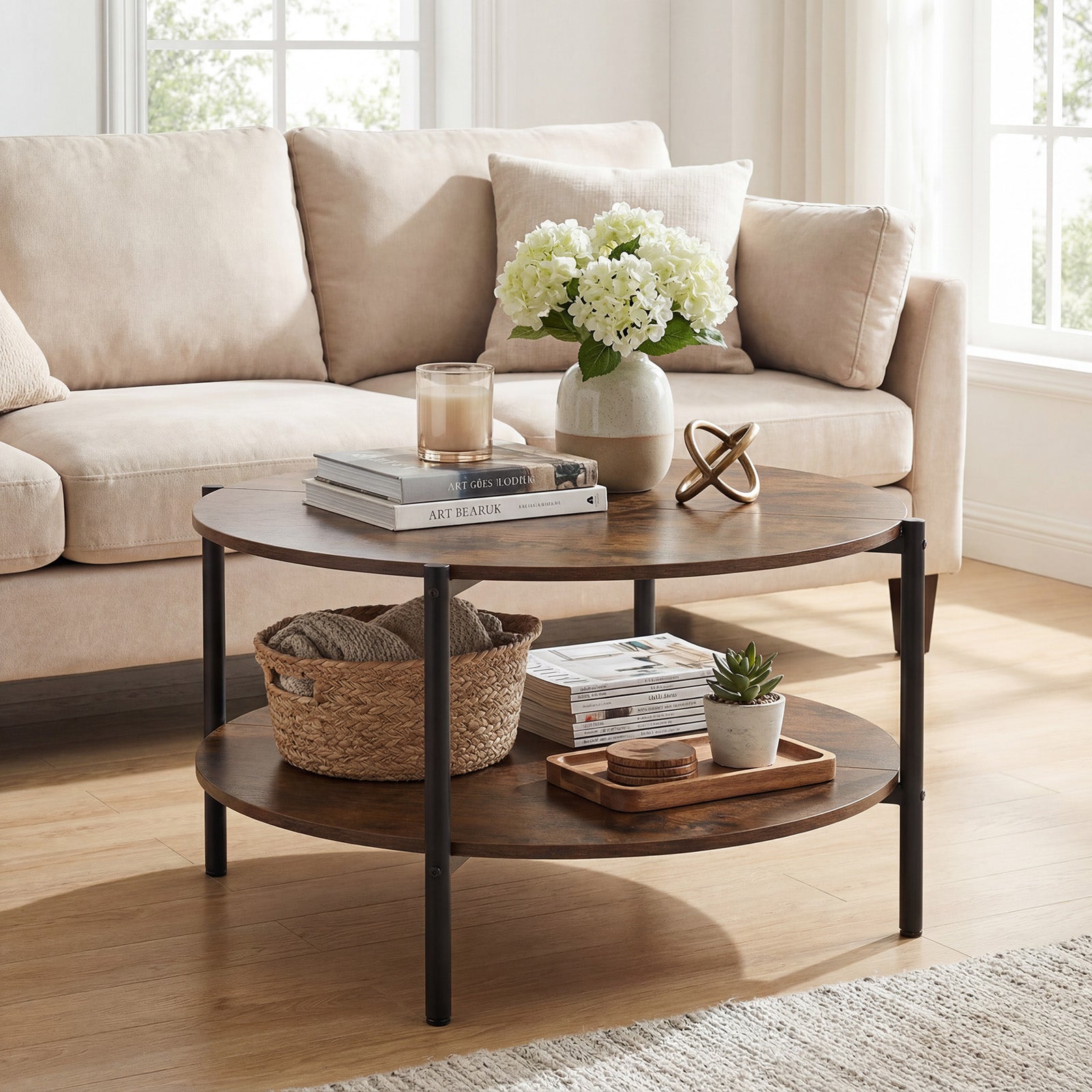 2-Tier Industrial Round Coffee Table with Open Storage Shelf-Rusitc Brown