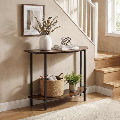 2-Tier Industrial Sofa Couch Table with Open Storage Shelf and Heavy-duty Metal Frame-Rustic Brown