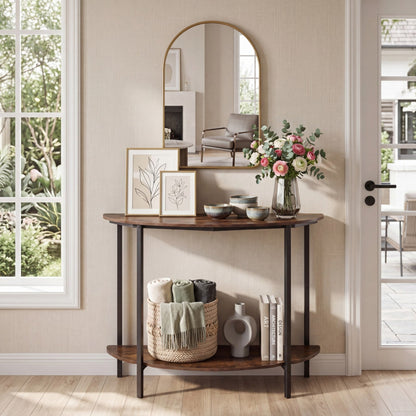 2-Tier Industrial Sofa Couch Table with Open Storage Shelf and Heavy-duty Metal Frame-Rustic Brown