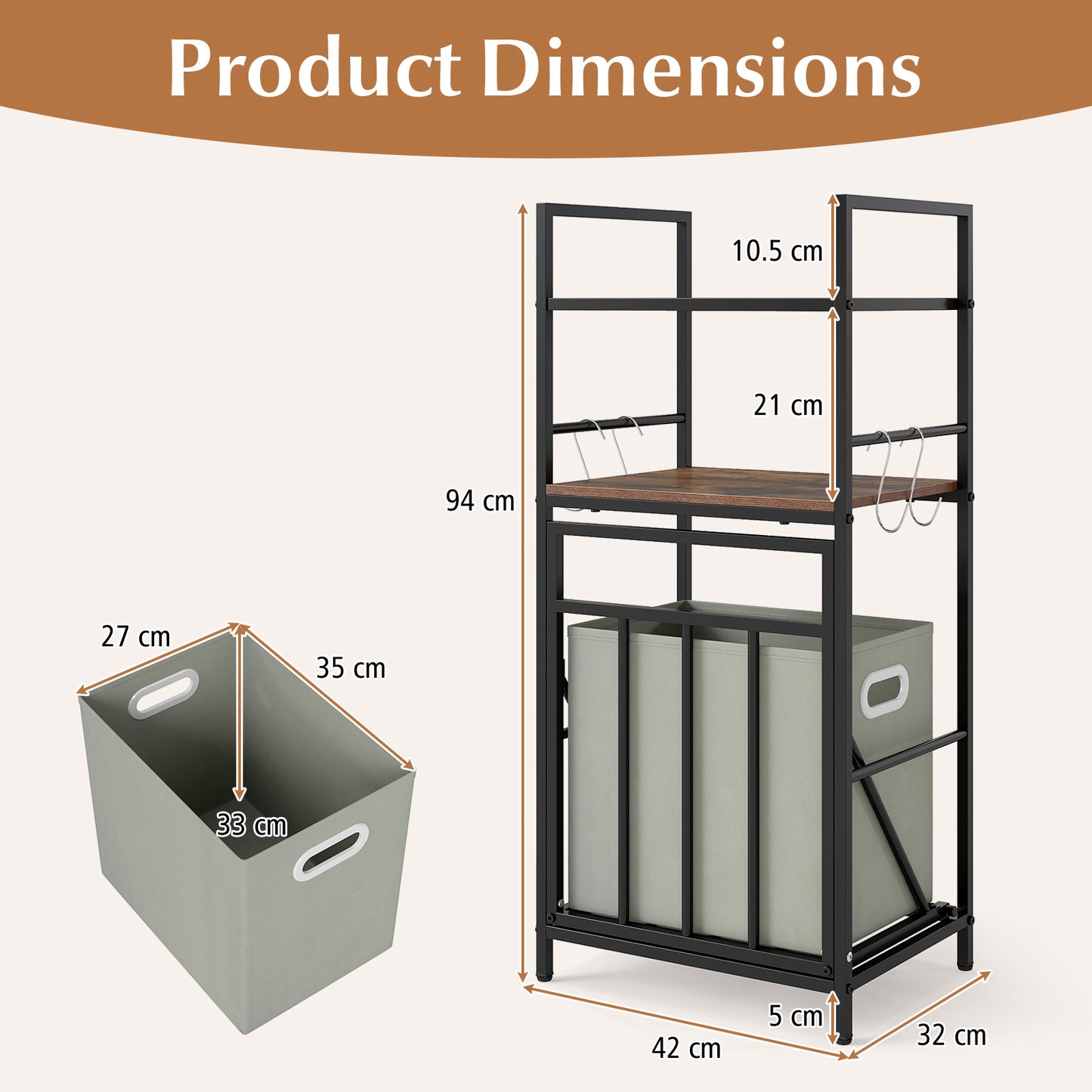 2-Tier Laundry Hamper with Tilt-out Basket & Removable Bag for Bathroom-Rustic Brown