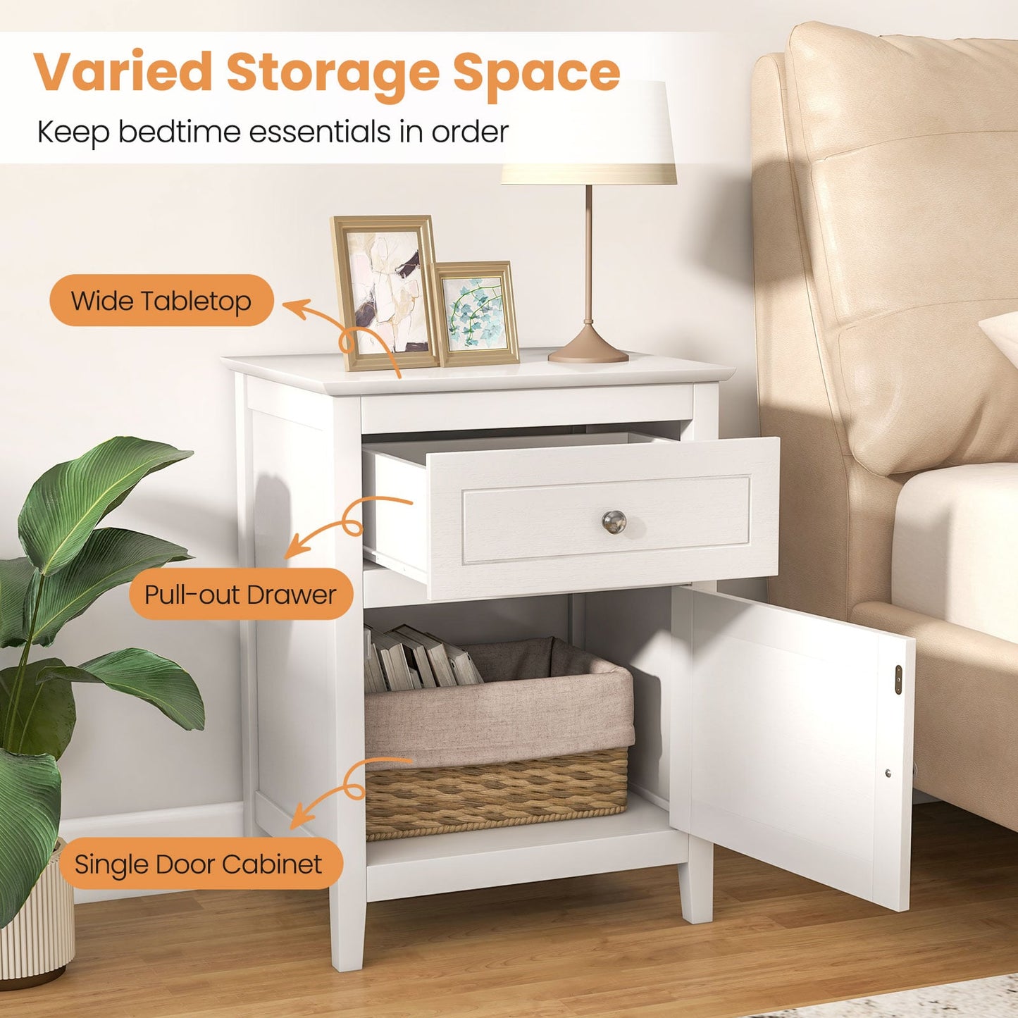 2-Tier Modern Badroom Nightstand with Drawer Set of 2