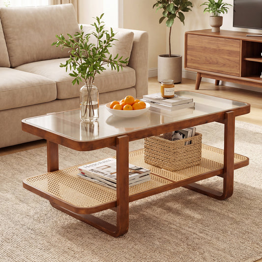 2-Tier Rectangular Center Table with Frosted Tempered Glass Top and Storage Shelf-Walnut