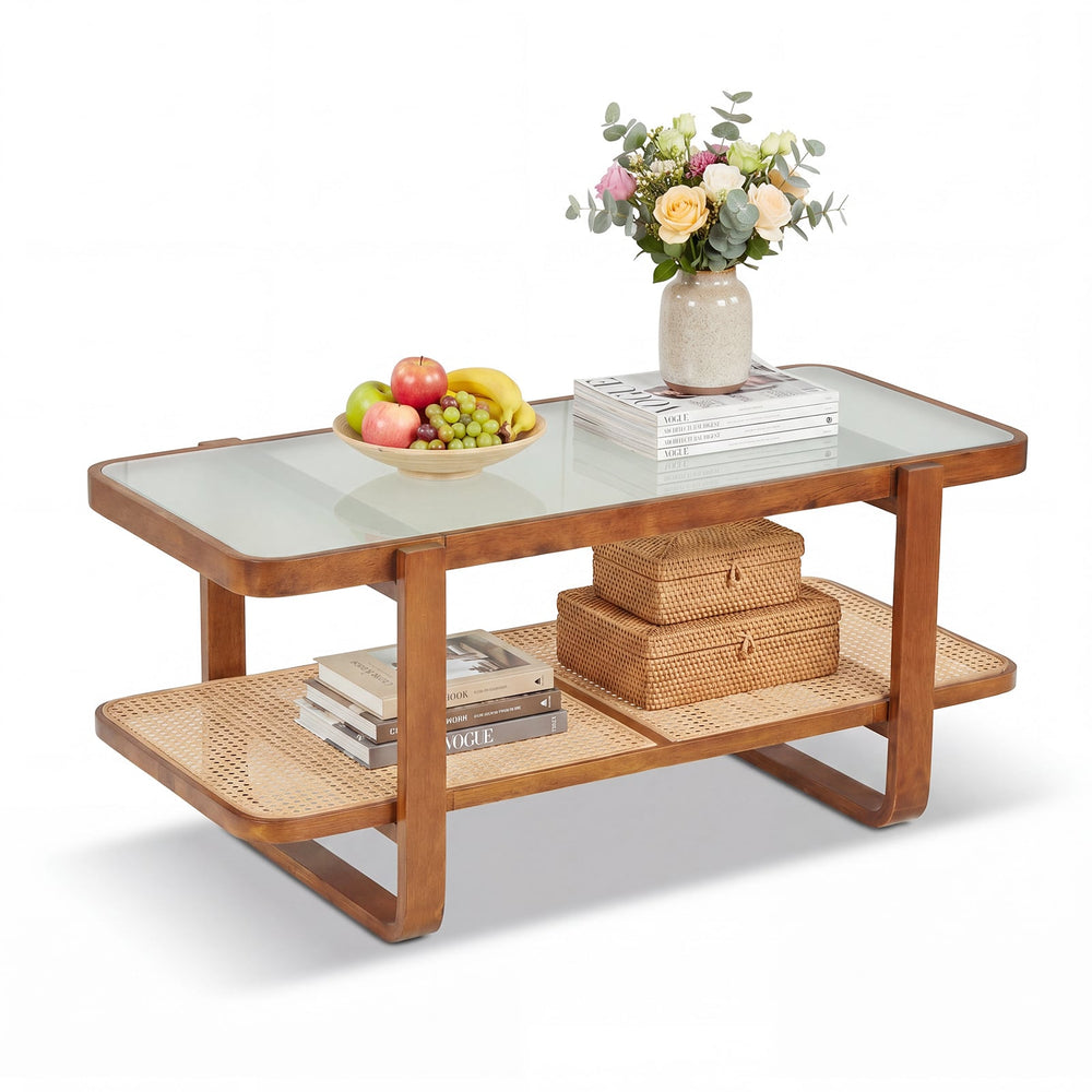 2-Tier Rectangular Center Table with Frosted Tempered Glass Top and Storage Shelf-Walnut