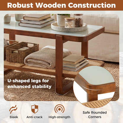2-Tier Rectangular Center Table with Frosted Tempered Glass Top and Storage Shelf-Walnut