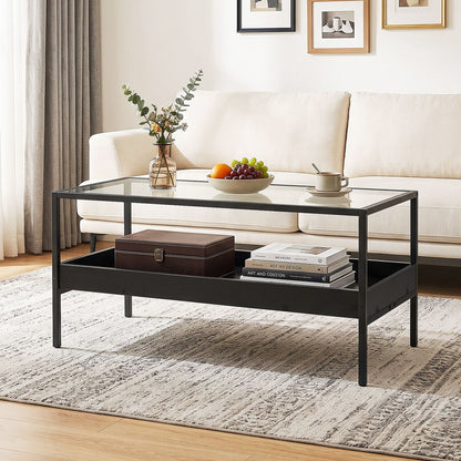 2-Tier Rectangular Glass Coffee Table with Storage Shelf for Living Room-Black