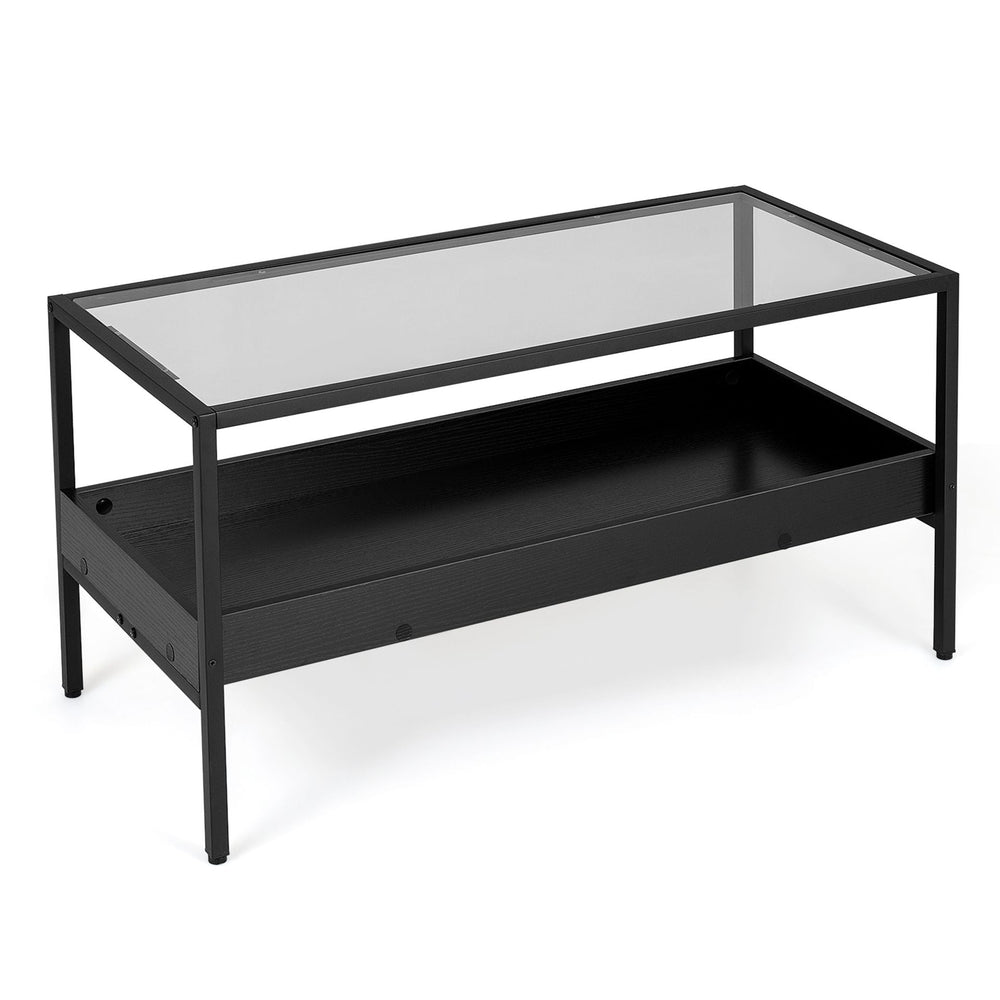 2-Tier Rectangular Glass Coffee Table with Storage Shelf for Living Room-Black