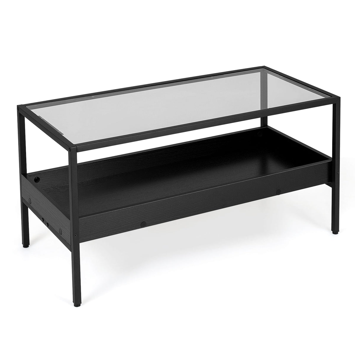 2-Tier Rectangular Glass Coffee Table with Storage Shelf for Living Room-Black