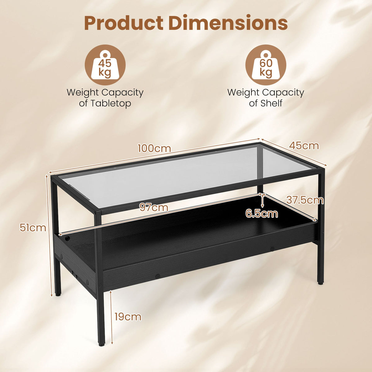 2-Tier Rectangular Glass Coffee Table with Storage Shelf for Living Room-Black