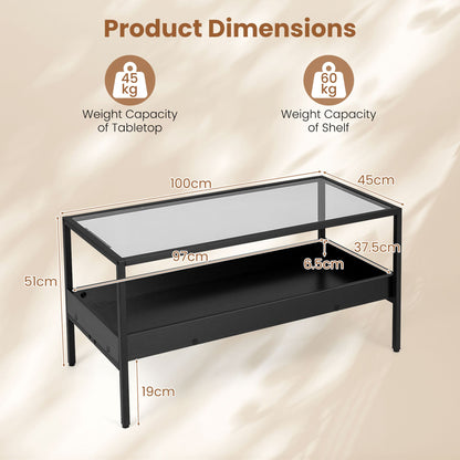 2-Tier Rectangular Glass Coffee Table with Storage Shelf for Living Room-Black