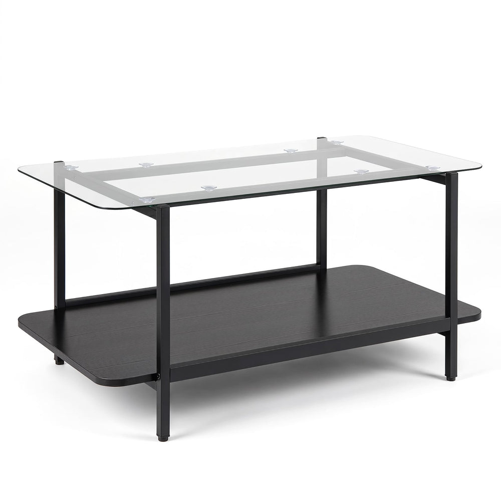 2-Tier Rectangular Tempered Glass Coffee Table with Storage Shelf-Black