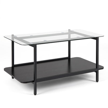 2-Tier Rectangular Tempered Glass Coffee Table with Storage Shelf-Black