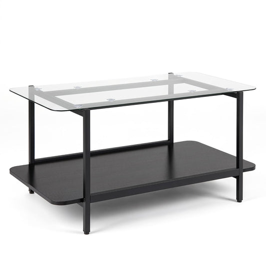 2-Tier Rectangular Tempered Glass Coffee Table with Storage Shelf-Black