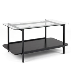 2-Tier Rectangular Tempered Glass Coffee Table with Storage Shelf-Black