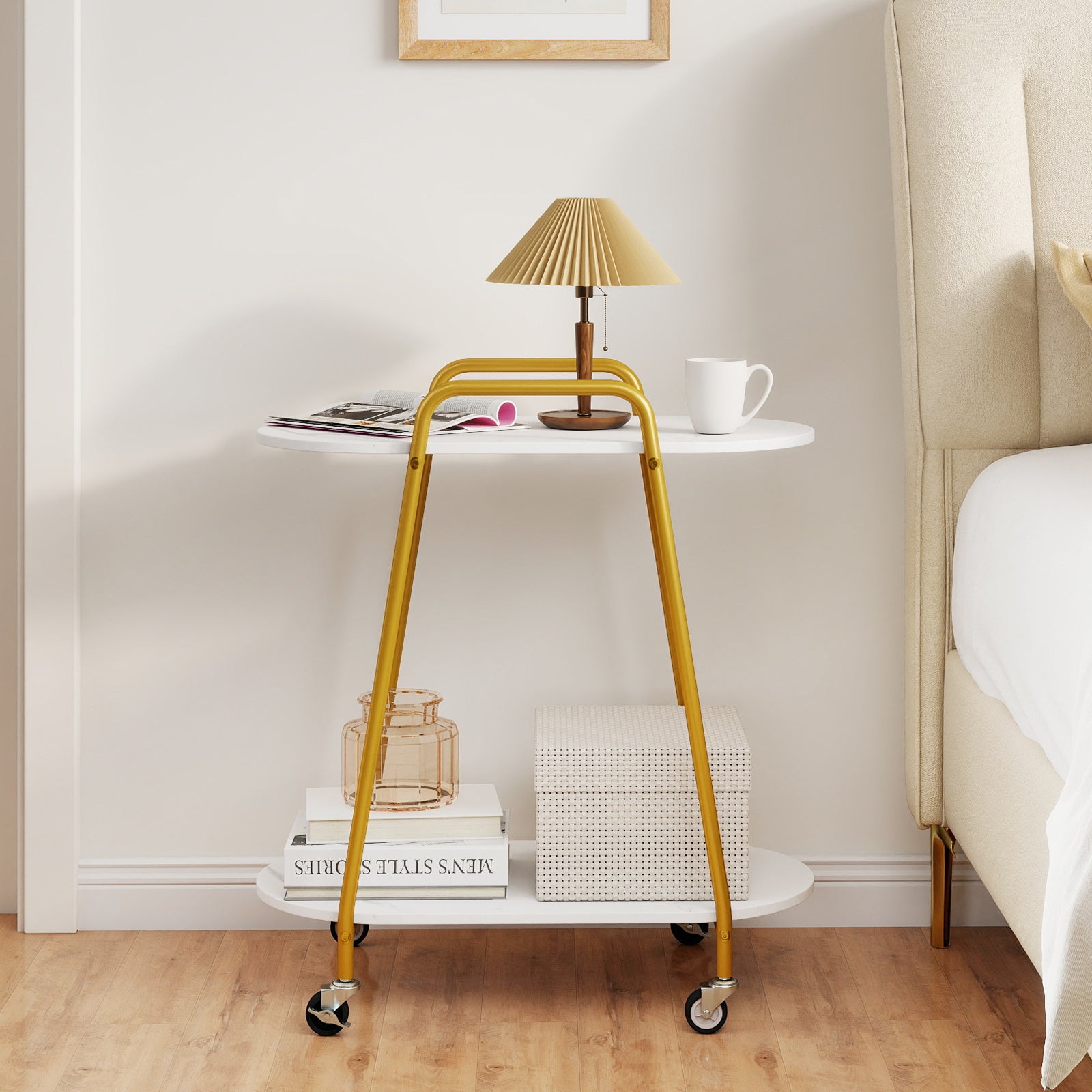 2-Tier Rolling End Table with Faux Marble Surfaces Modern Mobile Side Table-White