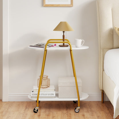 2-Tier Rolling End Table with Faux Marble Surfaces Modern Mobile Side Table-White