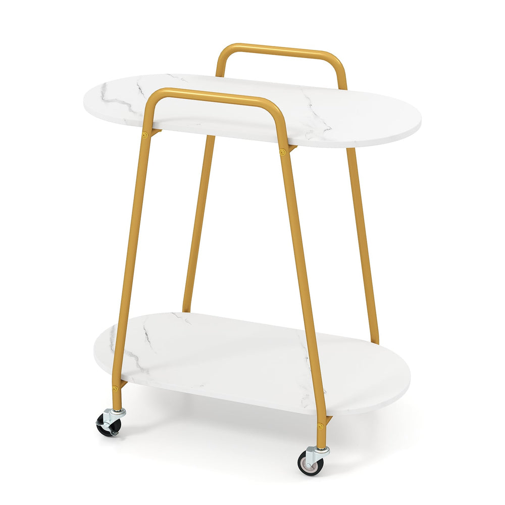 2-Tier Rolling End Table with Faux Marble Surfaces Modern Mobile Side Table-White