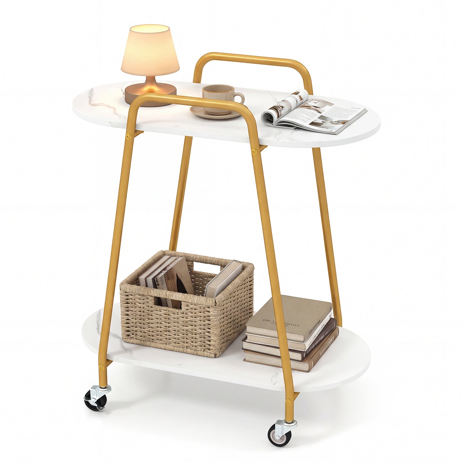 2-Tier Rolling End Table with Faux Marble Surfaces Modern Mobile Side Table-White